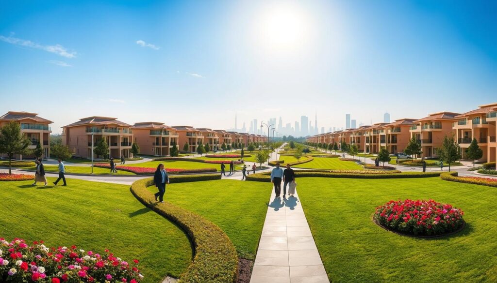A beautiful panoramic view of Etihad Town Lahore, showcasing a harmonious blend of modern architecture and lush greenery. In the foreground, well-manicured lawns with vibrant flowers create a welcoming atmosphere. The middle ground features elegant townhouses and apartment buildings, designed in contemporary styles, with warm, inviting colors. Families and individuals can be seen walking along the pathways, dressed in professional business attire and modest casual clothing, reflecting a community spirit. In the background, the iconic skyline of Lahore is visible under a clear blue sky, with soft sunlight illuminating the scene, creating a peaceful and optimistic mood. The composition captures the essence of a vibrant, thriving community, perfect for potential buyers and investors. Use a slightly elevated angle to provide depth and perspective, emphasizing the development's appeal and accessibility. A beautiful panoramic view of Etihad Town Lahore, showcasing a harmonious blend of modern architecture and lush greenery. In the foreground, well-manicured lawns with vibrant flowers create a welcoming atmosphere. The middle ground features elegant townhouses and apartment buildings, designed in contemporary styles, with warm, inviting colors. Families and individuals can be seen walking along the pathways, dressed in professional business attire and modest casual clothing, reflecting a community spirit. In the background, the iconic skyline of Lahore is visible under a clear blue sky, with soft sunlight illuminating the scene, creating a peaceful and optimistic mood. The composition captures the essence of a vibrant, thriving community, perfect for potential buyers and investors. Use a slightly elevated angle to provide depth and perspective, emphasizing the development's appeal and accessibility.