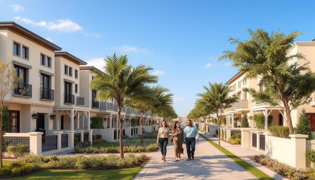 A beautifully designed residential community showcasing Etihad Town's phase 1 and phase 2 townhouses. In the foreground, feature charming, modern townhouses with elegant architectural details, like large windows and tasteful balconies, surrounded by lush greenery and well-maintained gardens. In the middle ground, create a welcoming community vibe with families in professional attire leisurely strolling along tree-lined paths. The background should showcase a clear blue sky with soft, natural lighting to enhance the inviting atmosphere. Capture the scene from a slightly elevated angle to provide depth and perspective, highlighting the harmony between modern living and nature. The overall mood should be warm, serene, and appealing, reflecting the essence of a vibrant community.