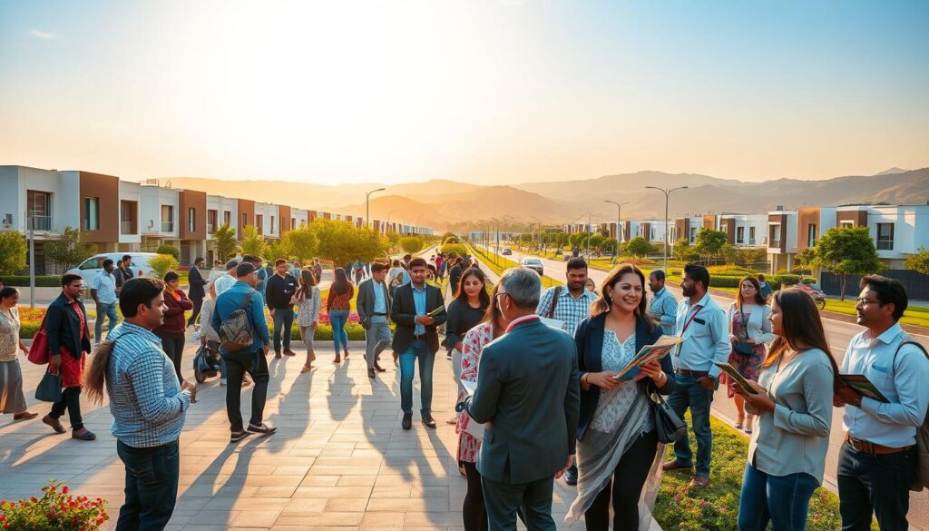 A bustling scene at Thokar Niaz Baig access on Main Raiwind Road in Lahore during golden hour. In the foreground, a diverse group of professionals in smart casual attire engaging in conversation, some holding property brochures, symbolizing community and opportunity. The middle ground features modern buildings and well-maintained roads, lined with lush greenery and flowering plants, showcasing a welcoming and vibrant neighborhood. In the background, rolling hills under a clear blue sky, bathed in warm sunlight add depth to the scene. Use a slightly wide-angle lens to capture the dynamic environment, enhancing the feeling of growth and potential. The overall mood is optimistic and inviting, reflecting a promising location for new homeowners.