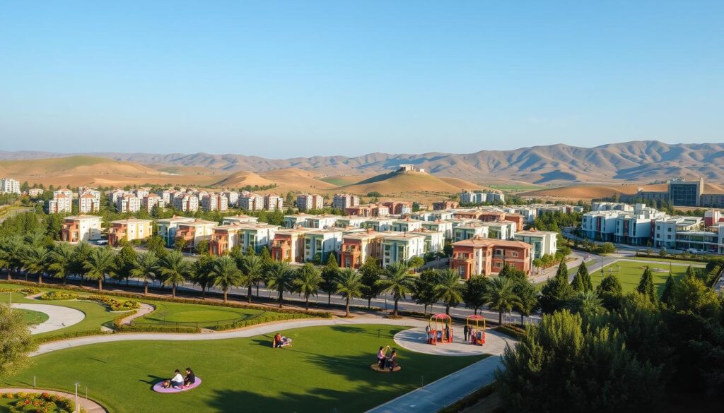 A comprehensive overview of Etihad Town Phase 3 in Pakistan, showcasing a well-organized, picturesque development. In the foreground, neatly arranged green parks with families enjoying leisure time, and modern play areas for children. The middle ground features elegantly designed residential buildings, characterized by contemporary architecture and vibrant colors, with lush landscaping enhancing their appeal. The background showcases rolling hills under a clear blue sky, symbolizing tranquility and community. Soft afternoon sunlight bathes the scene, highlighting the quality of life in this town. The angle is slightly elevated, offering a panoramic view that conveys a sense of space and growth. The atmosphere is inviting and serene, perfect for buyers and investors looking for their dream home.