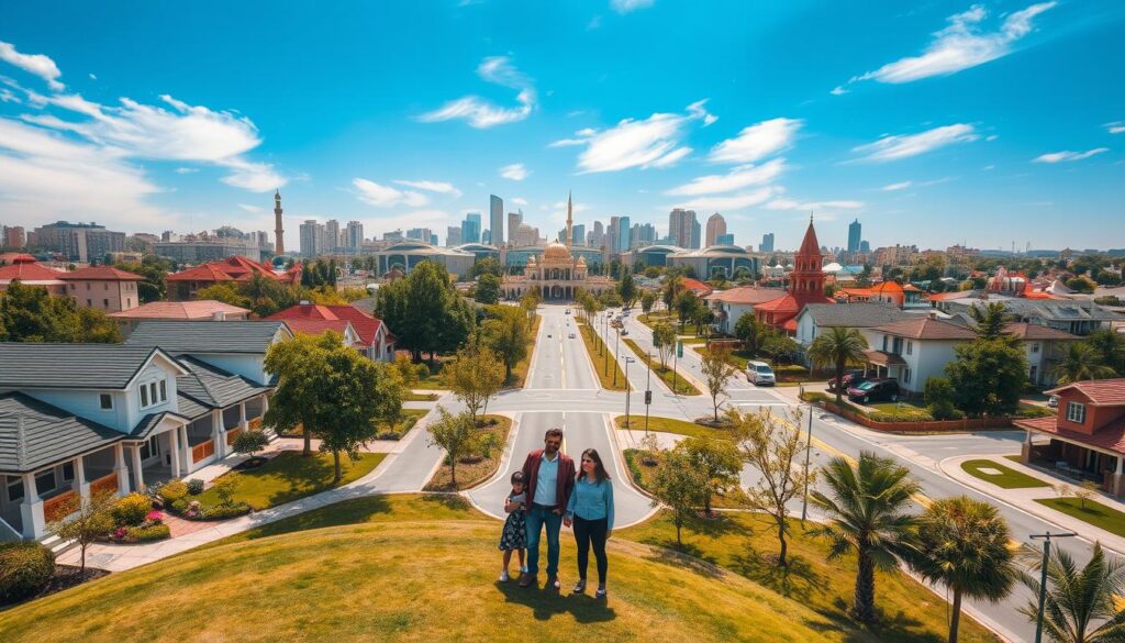 A modern aerial view of a vibrant urban landscape in Lahore, showcasing a beautifully designed neighborhood with contemporary homes and tree-lined streets. In the foreground, a family of four in smart casual attire enjoys a leisurely moment at a nearby park, symbolizing community connectivity. The middle ground features well-maintained roads leading to prominent city landmarks, highlighted by distinct architectural styles. The background displays Lahore's skyline, blending traditional and modern buildings under a clear blue sky with warm sunlight filtering through, creating a welcoming atmosphere. The shot captures the essence of easy access to essential destinations within minutes, emphasizing both comfort and convenience. The image is bright and inviting, illustrating a flourishing residential area.