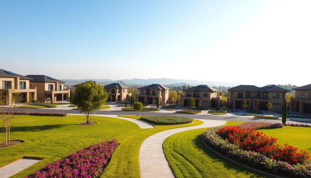 A modern, gated housing community near Lahore characterized by spacious luxury villas and well-maintained gardens. In the foreground, showcase beautifully landscaped pathways and vibrant flower beds, with a few trees gently swaying. The middle ground features elegant houses with contemporary architecture, large windows, and solar panels, reflecting innovative living. In the background, distant hills under a clear blue sky provide a serene and picturesque view. The scene is bathed in warm afternoon sunlight, casting soft shadows that enhance the inviting atmosphere. Capture this with a wide-angle lens to emphasize the community's expansive layout, evoking a sense of tranquility and refined living in a suburban setting.