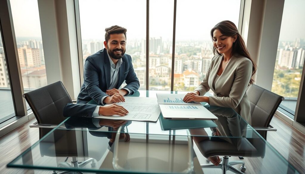 A modern office setting showcasing a confident professional couple discussing property development documents, symbolizing LDA approval. The couple, dressed in smart business attire, is seated at a sleek glass table surrounded by architectural plans and a laptop displaying graphs. In the background, a large window reveals a vibrant cityscape of Lahore, suggesting growth and prosperity. Soft, natural lighting floods the room, creating an optimistic atmosphere. The camera angle is slightly elevated, capturing both the couple and their work environment with depth, emphasizing the importance of transparency and trust in real estate. The scene conveys a sense of enthusiasm and assurance regarding the project’s NOC status, reflecting buyer confidence. A modern office setting showcasing a confident professional couple discussing property development documents, symbolizing LDA approval. The couple, dressed in smart business attire, is seated at a sleek glass table surrounded by architectural plans and a laptop displaying graphs. In the background, a large window reveals a vibrant cityscape of Lahore, suggesting growth and prosperity. Soft, natural lighting floods the room, creating an optimistic atmosphere. The camera angle is slightly elevated, capturing both the couple and their work environment with depth, emphasizing the importance of transparency and trust in real estate. The scene conveys a sense of enthusiasm and assurance regarding the project’s NOC status, reflecting buyer confidence.