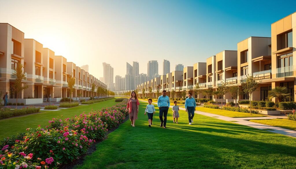 A modern residential community, showcasing Etihad Town Phase 3 with contemporary architecture. In the foreground, lush greenery with vibrant flowers and well-maintained pathways leading to stylish townhouses, featuring large windows and balconies. In the middle ground, families enjoying leisurely strolls, dressed in smart casual attire, reflecting a sense of community. The background features the distinct skyline of the town, bathed in warm golden afternoon sunlight, accentuating the sleek lines of the buildings against a clear blue sky. Use a wide-angle lens to capture the expanse of the area, creating an inviting and harmonious atmosphere that embodies modern living and convenience. The overall mood should be bright, welcoming, and uplifting, highlighting the ideal lifestyle offered by Etihad Town Phase 3.