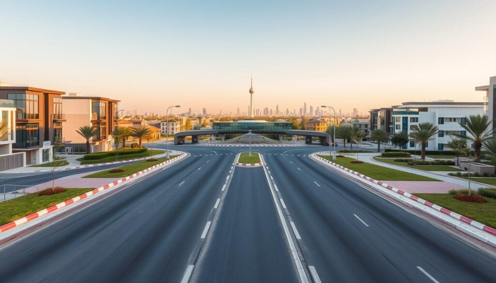 A modern urban landscape showcasing the prime location of Etihad Town Phase 3. In the foreground, a well-paved road leads to a prominent ring road entrance, flanked by neat sidewalks and landscaped greenery. The middle ground features sleek, contemporary homes and commercial buildings, designed with glass facades and modern architecture, presenting a vibrant community feel. In the background, a clear blue sky and a hint of city skyline add depth, suggesting connectivity and urban living. The scene is illuminated by warm, natural sunlight, creating a welcoming atmosphere. Capture this aerial perspective from a slight elevation to highlight the accessibility of Jia Bagga Road near the ring road, fostering a sense of modern convenience and lifestyle.