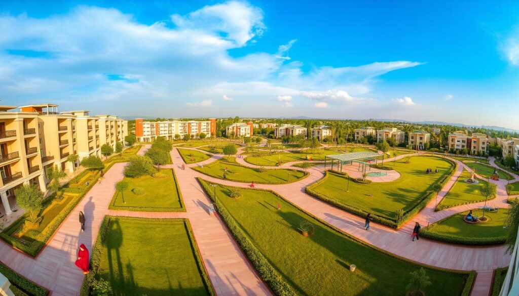 A panoramic view of Al Rehman Garden Phase 2 in Lahore, showcasing an upscale residential community. In the foreground, elegant, modern residential buildings with contemporary designs and lush greenery lining the pathways. The middle ground features manicured parks and playgrounds filled with families enjoying the space, dressed in modest casual clothing, capturing a sense of community. The background displays a clear blue sky with soft clouds and distant hills, adding depth to the scene. The lighting is warm and inviting, suggesting a late afternoon glow, enhancing the serene atmosphere. Photograph taken with a wide-angle lens to encapsulate the beauty and vibrancy of this elevated living experience, reflecting tranquility and modern luxury.