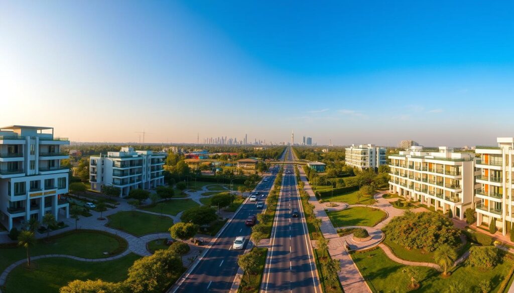 A panoramic view of Al Rehman Garden Phase 2, showcasing its prime location and connectivity from Faizpur Road to Lahore’s main routes. In the foreground, modern residential buildings with contemporary architecture and lush green gardens, featuring well-manicured lawns and ornamental trees. The middle ground includes a bustling road lined with vehicles and pedestrian walkways leading to key routes. The background features Karachi and Lahore landmarks, subtly indicating the city's skyline under a clear blue sky. Capture the scene during golden hour with warm, soft lighting, emphasizing the vibrancy of community life. The overall atmosphere should feel welcoming and dynamic, reflecting a thriving, elevated living experience.