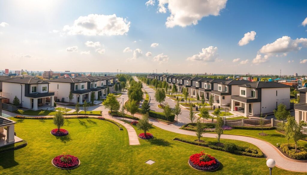 A panoramic view of Etihad Town in Lahore, featuring elegantly designed modern homes with spacious lawns and vibrant gardens in the foreground. In the middle ground, showcase well-paved streets lined with lush green trees and contemporary architecture, reflecting a harmonious blend of colors and materials. In the background, a clear blue sky with soft, fluffy clouds accentuates the serene atmosphere of this upscale residential area. The lighting should be warm and inviting, suggesting a late afternoon vibe, with sunlight casting gentle shadows. The scene evokes a sense of community and tranquility, ideal for modern living and investment opportunities. The overall composition should inspire feelings of comfort and aspiration, without any people present in the image.