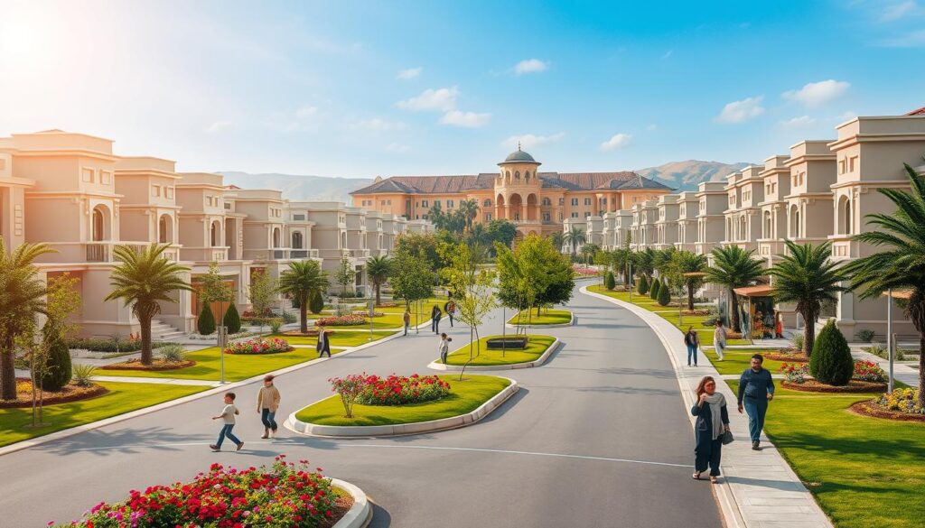 A picturesque scene of Raiwind Road in Lahore, showcasing a vibrant community ambiance. In the foreground, luxuriously designed townhouses with elegant architecture, surrounded by lush greenery and colorful flower beds. The middle ground features smooth roads with well-manicured sidewalks, children playing, and families casually walking, all dressed in modest casual clothing, emphasizing community life. In the background, gentle hills and a clear blue sky illuminate the area with warm, natural sunlight. A soft lens effect adds a serene touch, enhancing the inviting atmosphere. The mood is one of comfort and tranquility, reflecting an ideal location for family living in a thriving neighborhood.