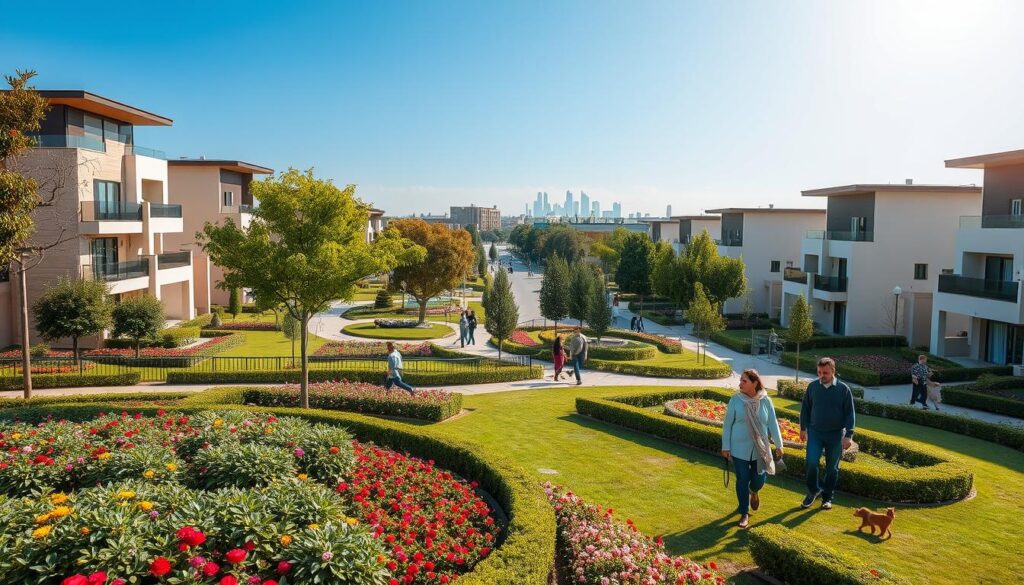 A picturesque view of Al-Rehman Garden Phase 2 in Lahore, showcasing a beautifully landscaped residential community. In the foreground, well-manicured gardens with vibrant flowers and neatly trimmed hedges, interspersed with modern homes featuring contemporary architecture. The middle ground features tree-lined streets bustling with families enjoying the community atmosphere, children playing, and individuals walking their dogs while wearing smart casual clothing. In the background, the skyline of Lahore is visible under a clear blue sky, with soft sunlight casting gentle shadows. The scene captures a sense of peace and modern living, emphasizing a welcoming neighborhood vibe. Shot with a wide-angle lens to enhance depth, creating an inviting and serene mood. A picturesque view of Al-Rehman Garden Phase 2 in Lahore, showcasing a beautifully landscaped residential community. In the foreground, well-manicured gardens with vibrant flowers and neatly trimmed hedges, interspersed with modern homes featuring contemporary architecture. The middle ground features tree-lined streets bustling with families enjoying the community atmosphere, children playing, and individuals walking their dogs while wearing smart casual clothing. In the background, the skyline of Lahore is visible under a clear blue sky, with soft sunlight casting gentle shadows. The scene captures a sense of peace and modern living, emphasizing a welcoming neighborhood vibe. Shot with a wide-angle lens to enhance depth, creating an inviting and serene mood.