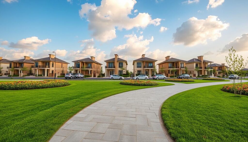 A picturesque view of Etihad Town Phase 1, showcasing a well-maintained residential area on Main Raiwind Road near Thokar Niaz Baig. In the foreground, lush green grass and landscaped gardens with vibrant flowers line a clean, paved pathway leading into the community. Midground features modern houses with elegant architecture and welcoming facades, adorned with large windows and balconies, giving a cozy suburban feel. In the background, a clear blue sky has soft, fluffy clouds, with warm sunlight casting gentle shadows, creating a serene and inviting atmosphere. This scene is captured from a slightly elevated angle, offering a complete view of the layout and tranquility of the neighborhood, evoking a sense of peaceful living and community appeal.