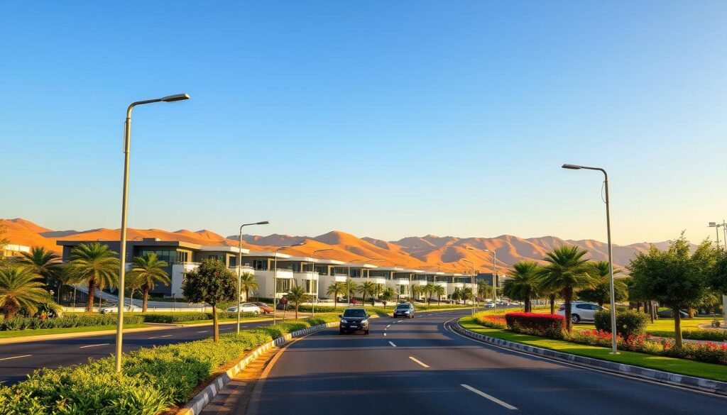 A picturesque view of Raiwind Road, highlighting the bustling connectivity near Ring Road. In the foreground, a clean, well-maintained road lined with lush greenery, dotted with elegant streetlamps. The middle-ground features sleek modern homes reflecting contemporary architecture, with some vibrant landscaping. A few cars are seen driving, emphasizing the active nature of the area. In the background, soft hills gently rise under a clear blue sky, bathed in warm, golden sunlight, enhancing the inviting atmosphere. The angle is slightly elevated, giving a broad view of the surroundings, while the overall mood is serene and welcoming, capturing the essence of a desirable living location. No people are present in the image.
