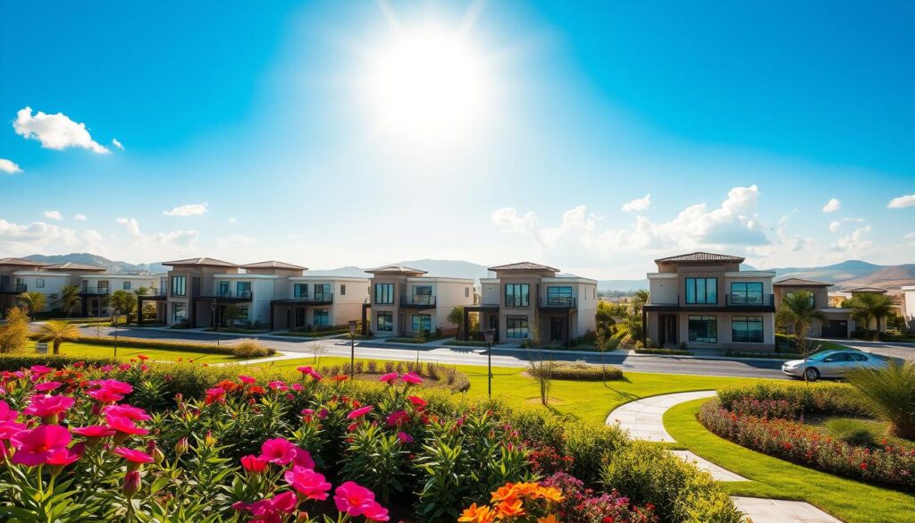 A picturesque view of a modern gated-community located on Raiwind Road, showcasing beautifully designed townhouses nestled among lush greenery. In the foreground, there are manicured gardens with vibrant flowers and well-maintained pathways. The middle ground features several elegant townhouses, showcasing upscale architectural details and large windows that reflect the sunlight, creating a warm and inviting atmosphere. The background includes a clear blue sky complemented by soft, fluffy clouds, and hints of rolling hills in the distance, adding depth to the scene. The lighting is bright and cheerful, capturing the essence of a perfect day. The overall mood is peaceful and aspirational, embodying the dream of contemporary community living.
