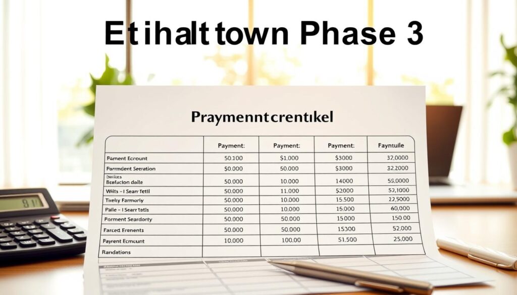 A professional, clean financial document showcasing a "Payment Schedule" for Etihad Town Phase 3. In the foreground, display a well-organized table with clear headings and rows for different payment dates and amounts, designed in a modern, elegant style. The middle ground features a calm office setting with a sleek desk, and items like a calculator, a notepad, and a classy pen. The background shows a soft-focus view of a large window revealing a sunny day with greenery, enhancing the atmosphere of optimism and planning. The scene is well-lit with bright natural light, simulating a warm, inviting mood. The image must not contain any text or digital overlays. A professional, clean financial document showcasing a "Payment Schedule" for Etihad Town Phase 3. In the foreground, display a well-organized table with clear headings and rows for different payment dates and amounts, designed in a modern, elegant style. The middle ground features a calm office setting with a sleek desk, and items like a calculator, a notepad, and a classy pen. The background shows a soft-focus view of a large window revealing a sunny day with greenery, enhancing the atmosphere of optimism and planning. The scene is well-lit with bright natural light, simulating a warm, inviting mood. The image must not contain any text or digital overlays.