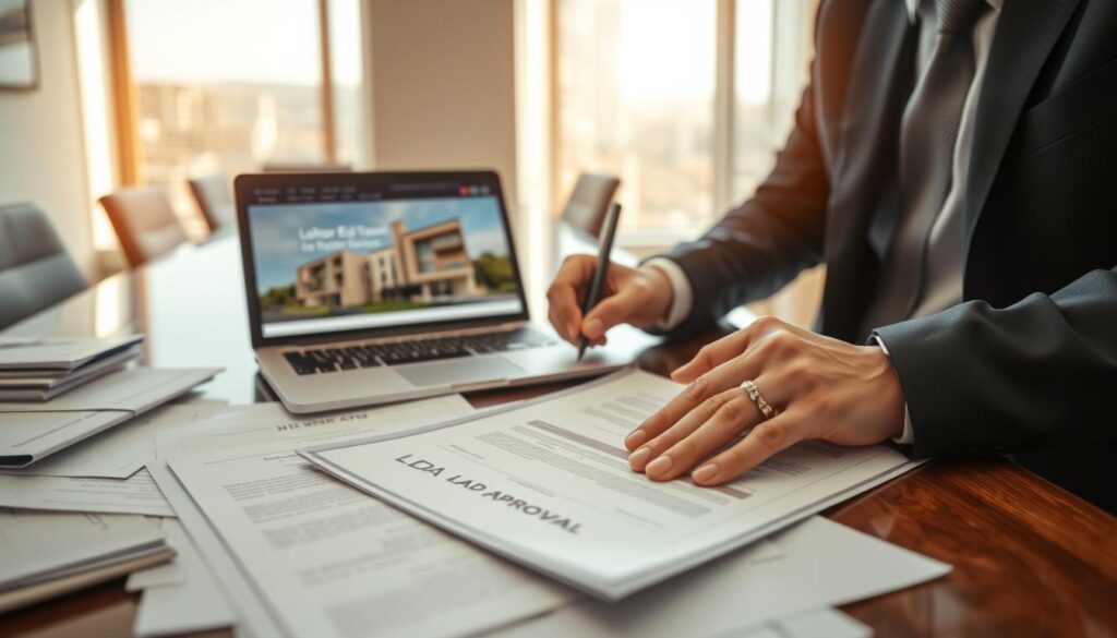 A professional office setting focused on LDA approval documentation. In the foreground, a well-organized desk cluttered with essential paperwork, featuring a prominently displayed LDA approval certificate. A pair of hands in a smart business attire is seen signing a document. In the middle ground, a laptop is open with a visible real estate website showcasing Lahore Etihad Town, highlighting its modern architecture. The background consists of a tidy conference room with a large window, allowing warm natural light to flood in, enhancing an optimistic atmosphere. The scene is shot from a slight overhead angle to capture both the desk and the backdrop, evoking a sense of professionalism and trust in secure real estate transactions.