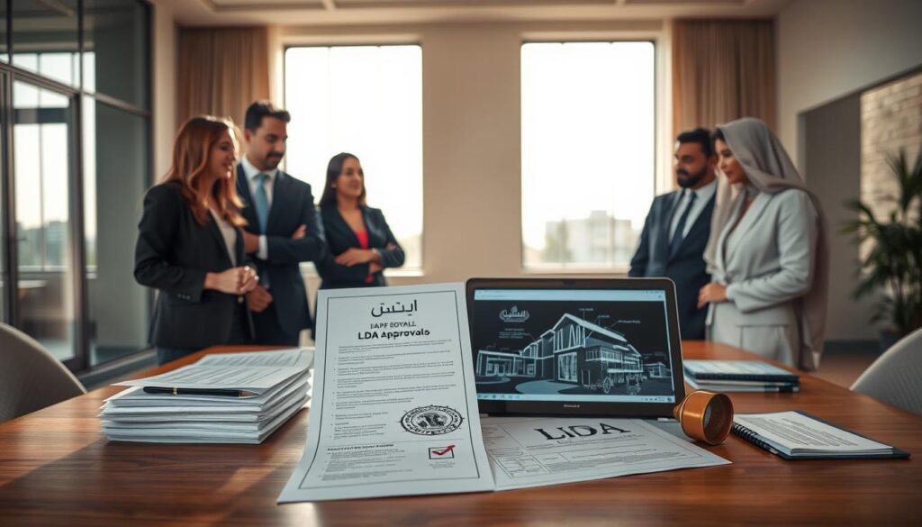 A professional setting depicting the concept of LDA approval in a real estate context. In the foreground, a diverse group of well-dressed individuals engaged in a serious discussion over housing documents, symbolizing the importance of legal safety and investment security. In the middle, a table laden with paperwork showcasing the LDA approval documents, along with a seal of authenticity beside a laptop displaying a digital map of Etihad Town. The background features a modern office environment with large windows allowing natural light to flood in, creating a warm and inviting atmosphere. Soft shadows and a neutral color palette enhance the professionalism of the scene, encapsulating trust and transparency in the investment process.