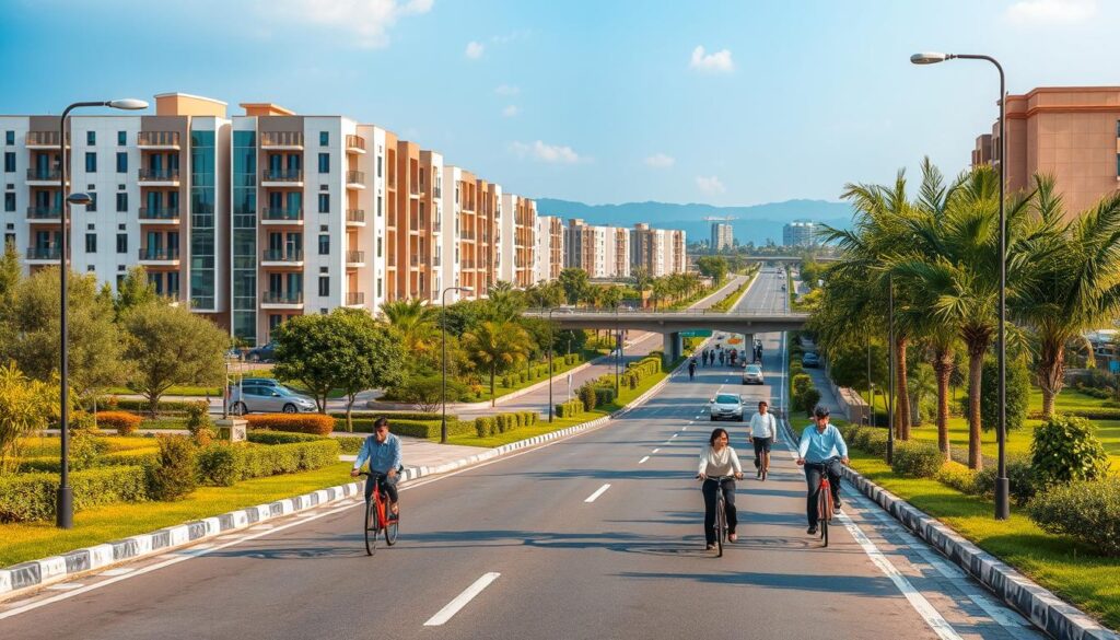 A scenic view of Ittehad Town Phase 2, showcasing its prime location with modern architecture. The foreground features a well-maintained road lined with elegant streetlamps and lush greenery, leading to a contemporary residential complex. In the middle ground, capture the vibrant urban setting with cyclists and pedestrians in professional attire engaging in daily activities, emphasizing a sense of community. The background reveals a clear blue sky, with the iconic Ring Road, Ferozpur Road, and Pine Avenue visible, creating a seamless connection to the bustling city. Use warm, natural lighting to evoke a welcoming atmosphere, with a slight depth of field for a cinematic effect, portraying a perfect blend of urban accessibility and serene living.