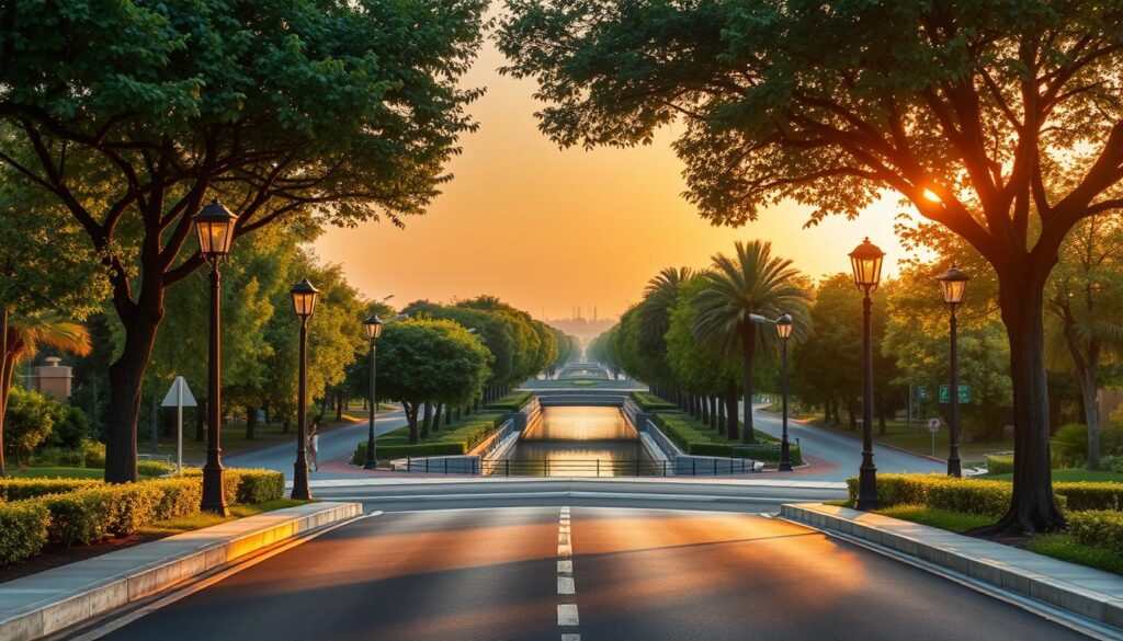 A scenic view of a canal road access point in Al Rehman Garden Phase 4, featuring a tree-lined pathway with lush greenery on either side. The foreground showcases a modern, well-maintained road, flanked by elegant streetlamps casting a warm glow during the golden hour. In the middle, a gently flowing canal reflects the surrounding trees and an inviting urban sidewalk where residents can walk or jog. In the background, the silhouette of Jallo Park is visible, enhancing the serene atmosphere of the location. The image captures a sense of luxury and convenience, with vibrant, natural colors emphasizing the beauty of living in the heart of the city. The angle is slightly elevated, providing a broad perspective of the area, inviting viewers to explore its charm.