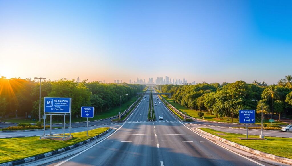 A scenic view of the M-2 Motorway entrance, showcasing the access point near Rehman Garden Phase 2 in Lahore. In the foreground, there are neatly manicured lawns and contemporary signposts indicating the motorway direction. The middle ground features a smooth highway stretch with vehicles traveling, framed by lush greenery on both sides, highlighting the area's greenery. In the background, the skyline of Lahore is visible, bathed in golden hour sunlight, creating a warm and inviting atmosphere. The image captures a sense of accessibility and connection, emphasizing the prime location with clear blue skies above and a hint of soft, warm sunlight illuminating the scene. Use a slightly elevated angle to provide a panoramic perspective, while ensuring the scene feels welcoming and vibrant. A scenic view of the M-2 Motorway entrance, showcasing the access point near Rehman Garden Phase 2 in Lahore. In the foreground, there are neatly manicured lawns and contemporary signposts indicating the motorway direction. The middle ground features a smooth highway stretch with vehicles traveling, framed by lush greenery on both sides, highlighting the area's greenery. In the background, the skyline of Lahore is visible, bathed in golden hour sunlight, creating a warm and inviting atmosphere. The image captures a sense of accessibility and connection, emphasizing the prime location with clear blue skies above and a hint of soft, warm sunlight illuminating the scene. Use a slightly elevated angle to provide a panoramic perspective, while ensuring the scene feels welcoming and vibrant.