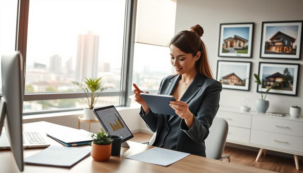 A serene and contemporary financial office space portraying the concept of "flexible payment." In the foreground, a professional woman in smart business attire is analyzing a digital tablet displaying graphs and charts related to home finance. To her left, a stylish desk with modern financial documents and a small potted plant adds a touch of warmth. In the middle, a large window with soft natural light filters in, illuminating a cityscape view that hints at upcoming residential projects. The background features framed images of beautiful homes, symbolizing the essence of the dream home concept. The mood is optimistic and professional, with a focus on financial empowerment and planning. Use soft lighting to enhance positivity and clarity, captured with a wide-angle lens for a spacious feel.