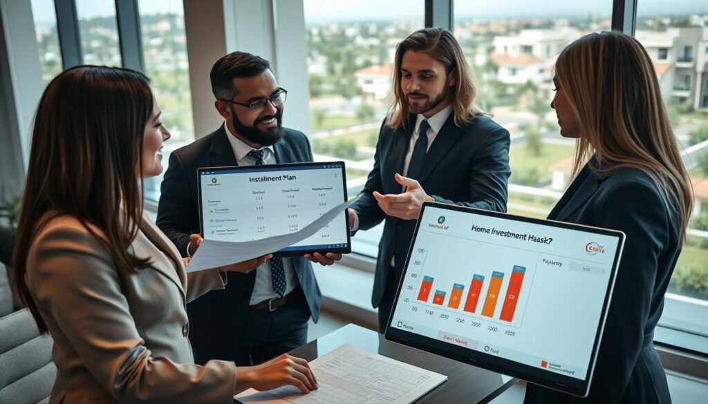 A sleek, modern financial office setting with a diverse group of professional individuals engaging in a discussion about an installment plan. In the foreground, a well-dressed businesswoman reviews a document displaying a clear and attractive payment schedule, lightly illuminated by soft, ambient lighting. In the middle, a businessman gestures towards a laptop screen showcasing an interactive graph of home investment options in Miracle City, Al Rehman Garden Phase 7. In the background, large windows reveal a scenic view of a beautifully designed residential area with green landscaping and modern homes. The atmosphere is focused and optimistic, emphasizing collaboration and smart investment choices in a serene, professional environment.