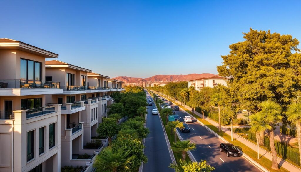 A stunning aerial view of Raiwind Road, showcasing a prime location with fast connectivity, surrounded by lush greenery and modern developments. In the foreground, elegant residential homes with contemporary architecture featuring large windows and spacious balconies. The middle ground reveals a well-paved road bustling with cars, indicating easy access to urban amenities. Majestic trees line the roadside, creating an inviting atmosphere. In the background, rolling hills contrast with the clear blue sky, enhancing the serene vibe of the area. Golden hour lighting bathes the scene in warm tones, creating a welcoming and prosperous mood. Emphasize clarity and vibrant colors to capture the essence of an ideal living space. No humans present.