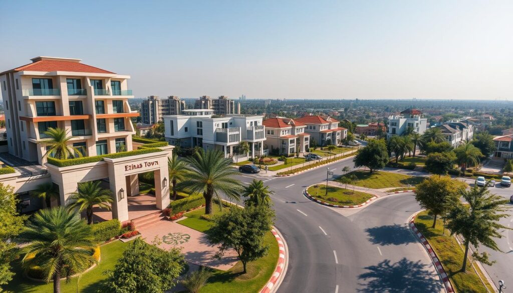 A stunning aerial view of a prime location in Lahore, highlighting Etihad Town Phase 3. In the foreground, show a beautifully landscaped entrance with lush greenery and modern architecture, inviting residents in. In the middle ground, depict elegant residential properties with contemporary designs, featuring spacious balconies and clean lines. The background should include distant views of Lahore's skyline, with familiar landmarks subtly visible under a clear blue sky. Natural sunlight bathes the scene, creating a warm and welcoming atmosphere. Capture the image from a slightly elevated angle, emphasizing the accessibility of the area, with wide roads and organized layouts that enhance the sense of community and value. The overall mood should be vibrant and inviting, reflecting a desirable living environment.