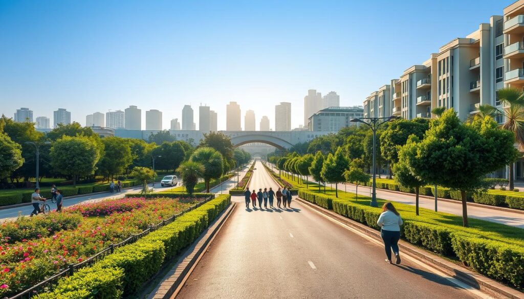 A tranquil scene of Canal Road in Lahore, showcasing a lush green landscape flanking both sides of the road. In the foreground, a beautifully landscaped park with vibrant flowers and neatly trimmed hedges, attracting families and joggers in smart casual attire. In the middle, the well-paved Canal Road, lined with elegant, modern architecture of residential buildings, reflecting luxury living. The background features the soft silhouette of city skyscrapers against a clear blue sky, with the warm light of a late afternoon sun casting gentle shadows. The atmosphere is inviting and serene, embodying the essence of a prime location with a lively yet peaceful vibe. The image should convey a sense of community and upscale lifestyle without any text or distractions.