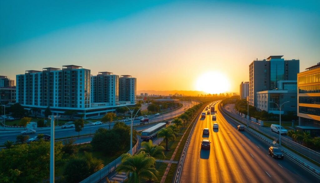 A vibrant and bustling cityscape featuring a prime location ring road in Lahore, with smooth, flowing traffic highlighting connectivity. In the foreground, a well-maintained road lined with modern lampposts and lush greenery. The middle ground showcases contemporary residential buildings and commercial spaces with large windows reflecting the surrounding life. In the background, the sun sets, casting a warm golden hue over the city, while the silhouettes of distant mountains rise against the skyline. A clear blue sky enhances the mood of urban prosperity and vibrancy. The overall atmosphere is energetic, depicting modern living and easy accessibility for residents. Shot from a slightly elevated angle for a broader perspective, ensuring a captivating view of the city’s infrastructure and lively atmosphere.