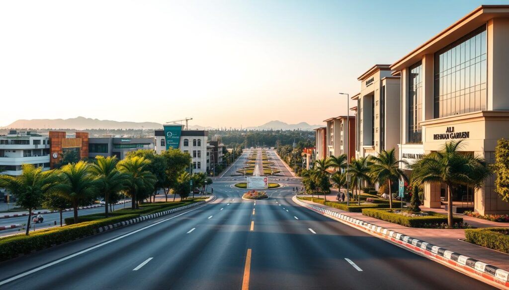A vibrant and bustling scene of Sharaqpur Road, showcasing the accessibility to Al Rehman Garden Phase 7 in Lahore. In the foreground, a well-maintained road lined with lush greenery and modern buildings that reflect luxury living. The middle ground features a clear view of the entrances to Al Rehman Garden Phase 7, with elegant signage and beautifully landscaped gardens. In the background, hints of the Lahore skyline and distant mountains under a bright blue sky. The lighting is warm and inviting, creating a welcoming atmosphere. The angle captures both the road's length and the elegant architecture, emphasizing the modernity and accessibility of the location. Aim for a dynamic yet serene look, ensuring no people are present, and the overall tone is professional and focused on luxury living.