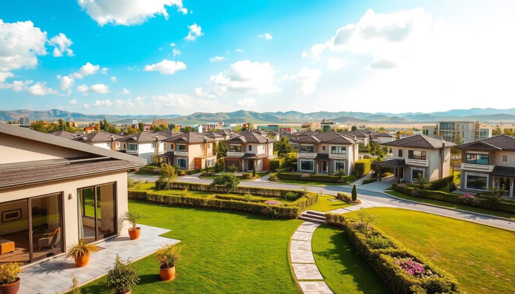 A vibrant and modern residential area showcasing Etihad Town on Raiwind Road, Lahore. In the foreground, a stylish, contemporary home with large windows and a manicured lawn, featuring potted plants and outdoor seating. The middle ground includes several similar homes, elegantly designed with various architectural styles, interconnected by lush green pathways lined with flowering shrubs. In the background, soft hills create a scenic backdrop under a bright blue sky, with fluffy white clouds. The atmosphere is serene and inviting, suggesting a perfect blend of comfort and luxury. Warm, natural lighting enhances the inviting feel of the scene, captured from a slightly elevated angle to provide depth.