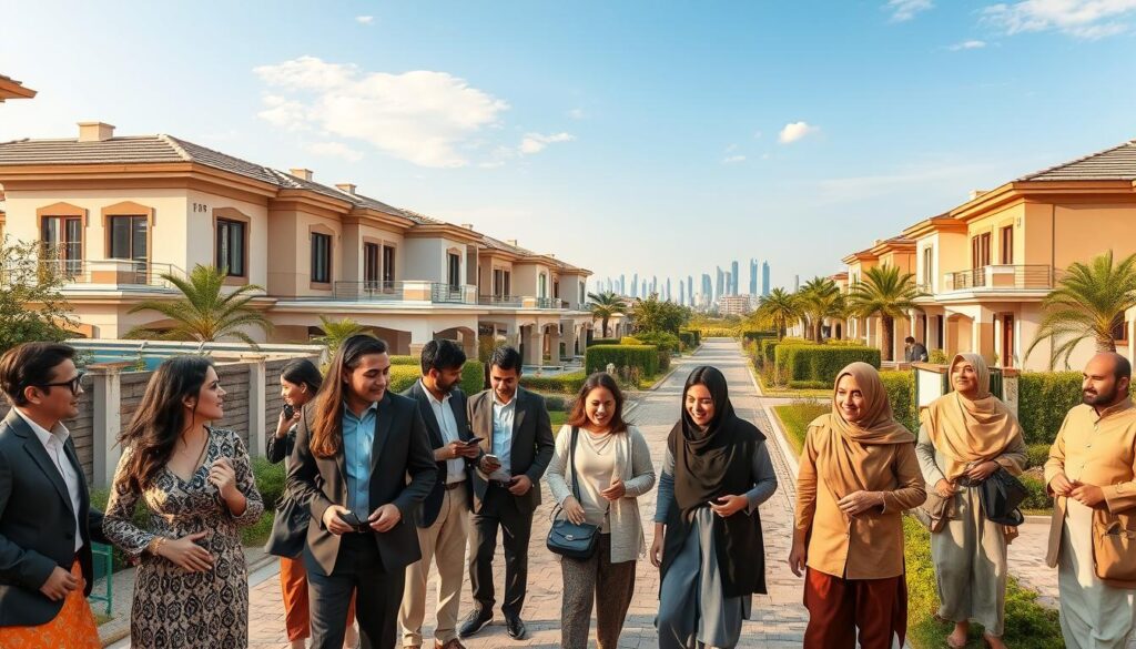 A vibrant community scene in Al Rehman Garden Phase 2, Lahore, depicting a luxurious residential environment. In the foreground, a group of diverse residents, dressed in professional business attire and modest casual clothing, are engaged in animated conversations and smiling warmly, reflecting a sense of community. The middle ground showcases elegantly designed homes with lush greenery, manicured gardens, and stunning architectural features, illustrating upscale living. In the background, the Lahore skyline is visible with a clear blue sky, enhancing the city's charm. The warm golden lighting adds a welcoming glow that highlights the secure atmosphere of the community. A low-angle view captures this lively neighborhood, emphasizing both connection and luxury in daily life.