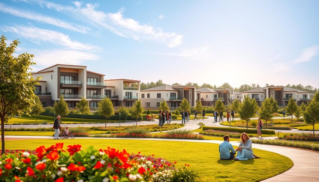 A vibrant, modern residential community in Pakistan, showcasing the Etihad Town Phase. In the foreground, a beautifully landscaped park with lush greenery and colorful flowers, where families are enjoying leisure time. In the middle ground, contemporary houses with striking architecture and inviting balconies, set against a backdrop of tree-lined streets. The background features a clear blue sky with soft, warm sunlight illuminating the scene, creating a welcoming atmosphere. The perspective is slightly elevated, providing an overview of the town's layout, reflecting a smart and sustainable choice for homebuyers. Capture a sense of community and affordability, emphasizing the charm of this developing neighborhood. The overall mood is optimistic and inviting, illustrating a perfect blend of luxury and accessibility in homeownership.