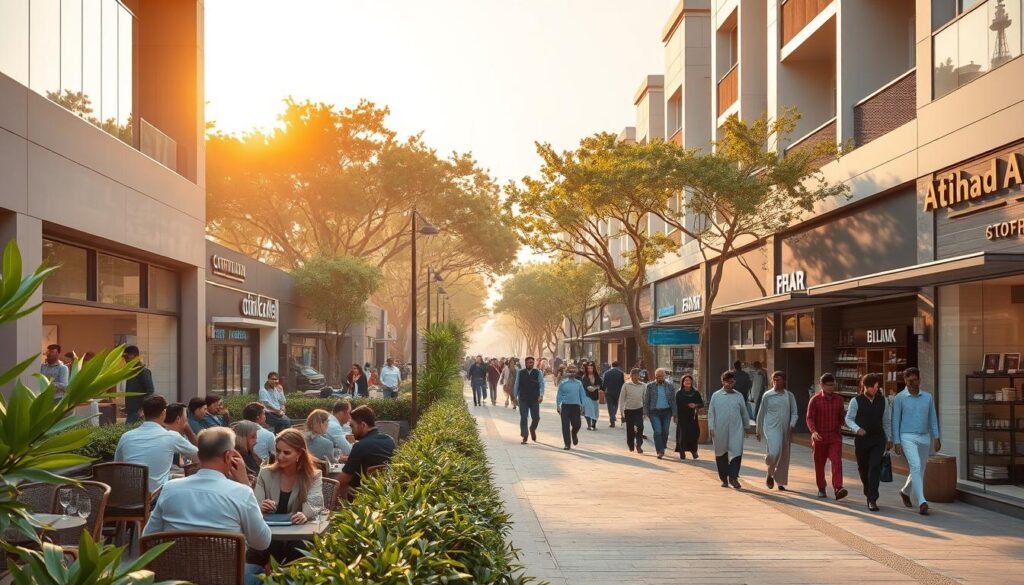 A vibrant street scene depicting Pine Avenue in a commercial district of Etihad Town Phase 2, Lahore. In the foreground, a bustling café patio filled with professionals in modest business attire enjoying outdoor seating, surrounded by lush greenery. In the middle ground, contemporary retail shops with large glass windows display an array of products, while pedestrians stroll along the sidewalk, creating a lively atmosphere. The background features modern residential buildings interspersed with trees, bathed in warm, golden sunlight during the golden hour, casting long shadows. The perspective is slightly elevated, capturing the essence of a thriving community hub. The mood is inviting and prosperous, reflecting a prime commercial opportunity for potential investors and residents.