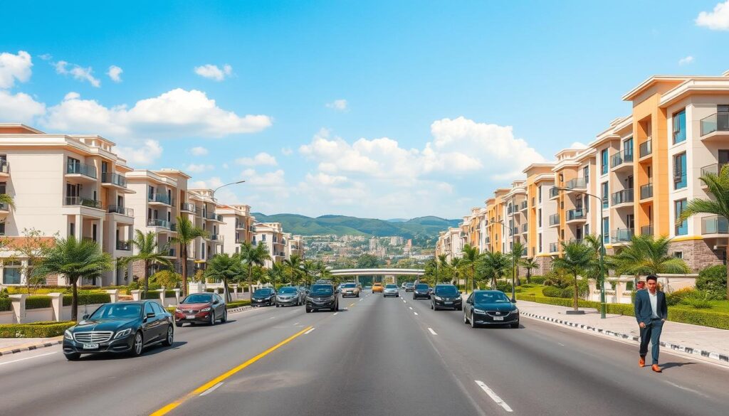 A vibrant streetscape illustrating the prime location of Al Rehman Garden Phase 2, Lahore, situated on Main Sharaqpur Road near Faizpur Interchange. The foreground features elegant, modern residential buildings with lush landscaping, blending luxury and comfort. In the middle ground, a well-maintained road bustles with stylish cars, and people dressed in professional business attire casually walking by, showcasing the urban lifestyle. The background includes a clear blue sky with soft, fluffy clouds, highlighting the sunny weather, as well as distant views of the lush green hills and cityscape. The scene is illuminated with bright, natural sunlight, creating a welcoming and prosperous atmosphere. The perspective is slightly elevated, capturing the essence of a thriving community without any text or overlays.