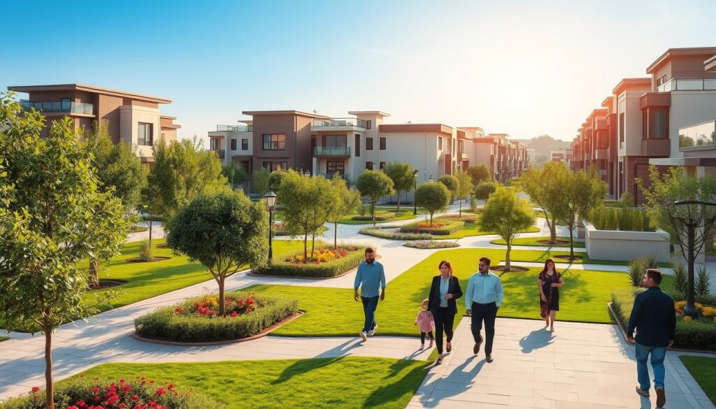 A vibrant view of Etihad Town Lahore, showcasing modern residential architecture and green spaces. In the foreground, well-maintained sidewalks lined with trees and colorful flowerbeds invite leisurely strolls. The middle ground features elegant homes with contemporary designs, large windows, and inviting patios. Several families in professional attire are enjoying the pleasant surroundings, reflecting a sense of community and modern living. The background highlights a clear blue sky, with soft, warm sunlight casting a golden hue over the scene, enhancing the lush greenery. Capture the atmosphere of comfort and luxury, showcasing a harmonious blend of urban life and nature, ideal for families seeking their dream home. A vibrant view of Etihad Town Lahore, showcasing modern residential architecture and green spaces. In the foreground, well-maintained sidewalks lined with trees and colorful flowerbeds invite leisurely strolls. The middle ground features elegant homes with contemporary designs, large windows, and inviting patios. Several families in professional attire are enjoying the pleasant surroundings, reflecting a sense of community and modern living. The background highlights a clear blue sky, with soft, warm sunlight casting a golden hue over the scene, enhancing the lush greenery. Capture the atmosphere of comfort and luxury, showcasing a harmonious blend of urban life and nature, ideal for families seeking their dream home.