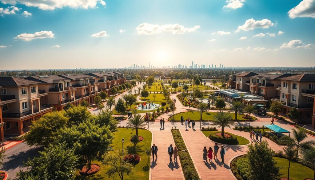 Aerial view of Etihad Town Phase 3 in Lahore, showcasing vibrant residential complexes and lush green parks. The foreground features well-designed homes arranged along neat, tree-lined streets, with families enjoying outdoor spaces, dressed in professional business attire and modest casual clothing. In the middle ground, modern amenities such as playgrounds, jogging paths, and community centers come to life under bright, sunny skies. The background displays the scenic Lahore skyline, with clear blue skies and soft clouds creating an inviting atmosphere. The composition should have a warm, optimistic mood, illuminated by natural sunlight, captured with a slightly tilted angle to enhance depth and perspective. Emphasize greenery and the aesthetic appeal of this modern community living environment. Aerial view of Etihad Town Phase 3 in Lahore, showcasing vibrant residential complexes and lush green parks. The foreground features well-designed homes arranged along neat, tree-lined streets, with families enjoying outdoor spaces, dressed in professional business attire and modest casual clothing. In the middle ground, modern amenities such as playgrounds, jogging paths, and community centers come to life under bright, sunny skies. The background displays the scenic Lahore skyline, with clear blue skies and soft clouds creating an inviting atmosphere. The composition should have a warm, optimistic mood, illuminated by natural sunlight, captured with a slightly tilted angle to enhance depth and perspective. Emphasize greenery and the aesthetic appeal of this modern community living environment.