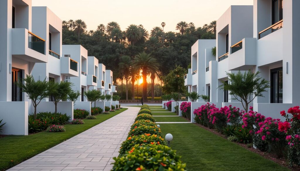 In the foreground, depict a row of modern Etihad Town phase townhouses, featuring a sleek architectural design with white exteriors, stylish balconies, and lush greenery in front of each unit. In the middle ground, show a neatly paved pathway lined with vibrant flowers and small shrubs, leading to the entrance of the houses. The background should feature the serene outlines of a tree-lined neighborhood, with distant palm trees suggesting a warm climate. Use soft, natural lighting to create a welcoming atmosphere, and a slight angle from a low perspective to enhance the grandeur of the townhouses. Capture a peaceful evening ambiance with a golden sunset glow illuminating the scene, creating an inviting mood for prospective buyers.